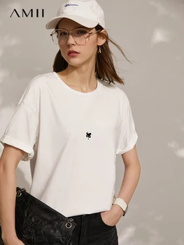 AMII Minimalistický T-košile pro Ženy 2022 v Létě Nový Dojíždějící Umělecké Výšivky Vintage Drop Rukávem O-krk Svetr Tops 12220086
