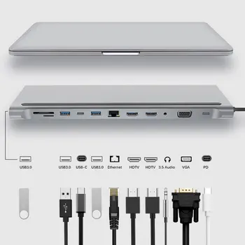 12-V-1 USB Type-C Hub Dual HDMI-kompatibilní Multi USB 3.0 Napájecí Adaptér Dokovací Stanice pro Notebook Podporu Pd Převodovka
