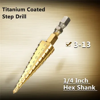1ks 3-13mm HSS Spirálové Rýhovaný Titanium Coated Krok Vrták 1/4 Palce Hex Dříku Krok Jádro Vrtáku