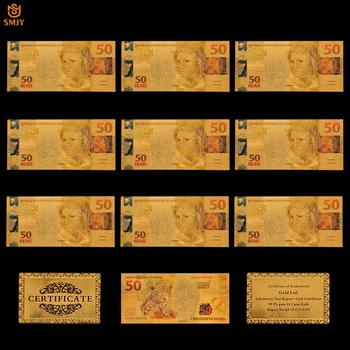 10Pcs/Lot Suvenýr Brazilský Barva Zlatá Bankovka 50 Reals Replika Sběr Peněz A Umělce, bytové Dekorace, Dárky