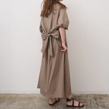 Šaty Ženy Dlouhý 2021 Plná Barva Luk Na Záda Volné-line Krátký Rukáv Japonský Módní Retro Osobnosti Khaki Jarní