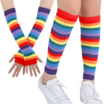 Ženy Rainbow Pruhované Kolena Vysoké Návleky & Arm Teplejší Rukavice Vtipné Halloween Kostým Party Cosplay Pruhované Rukavice a Ponožky