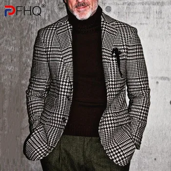 PFHQ Módní Pánské 2023 Obchodní Ležérní Slim Fit Suit Vesty Sociální Elegantní Luxusní Kostkované Jediného Breasted Mříž Podzimní Oblečení