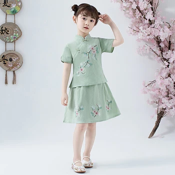 Krásné Dívky Cheong-sam 2KS Čínské Tradiční Styl Han Fu Baby Retro Šaty dětské Letní Ležérní Bavlněné Povlečení Šaty