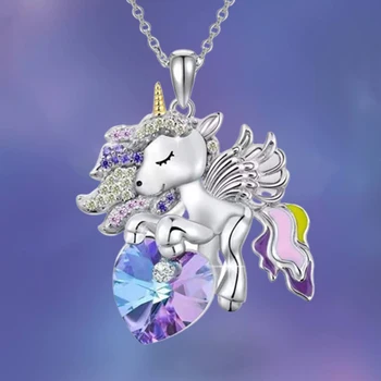 Unicorn Náhrdelník pro Ženy Křídlo Zvíře Modrá Fialová Krystal, Srdce, Barva Kapat Olej Přívěsek Šperky Dárek pro Dívky Collares Muje