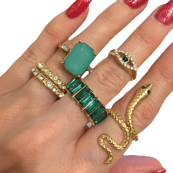 6ks Luxusní Zelený Krystal Drahokamu Kámen Hadí Prsten pro Ženy, Muže Přívěsky Oči Zlaté Slitiny Kovu Otevření Snubní Prsteny Šperky