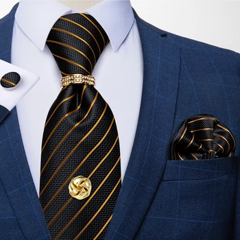 Luxusní 8cm Muži Obchodní Kravata 100% Hedvábí, Černé, Zlaté Pruhované Kravata kapesník manžetové Knoflíčky Svatební Kravata Muži Dárek Nákrčník DiBanGu