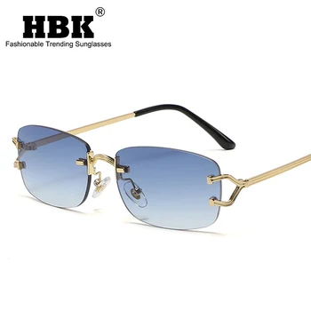 HBK Modrá Bezrámové Zlaté Kovové Dámské sluneční Brýle Muži Vrtaných Hnědé Sluneční Brýle Pro Ženy Módní Odstíny Řezání Brýle