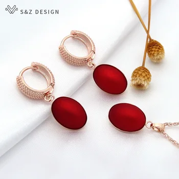 S&Z DESIGN Elegantní Červené Vejce Tvar Imitace Oválné Perly Houpat Náušnice Náhrdelník Šperky Sady Pro Ženy, Svatební Party Šperky