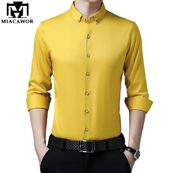 MIACAWOR Nové Bílé Šaty Košile Muži Klasické jednobarevné Dlouhý Rukáv Muži Tričko Žluté Tričko, Slim Fit Camisa Masculina C694
