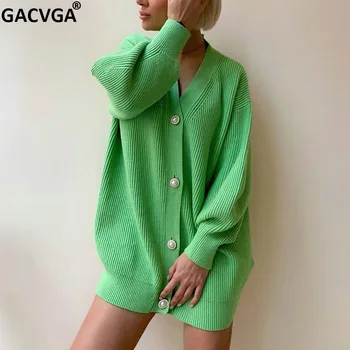 GACVGA 2021 Podzim Zima Zelená Nadrozměrných Svetr Ženy Dlouhý Rukáv Tlačítka Neformální Y2k Volné Pletené Svetr Módní Streetwear