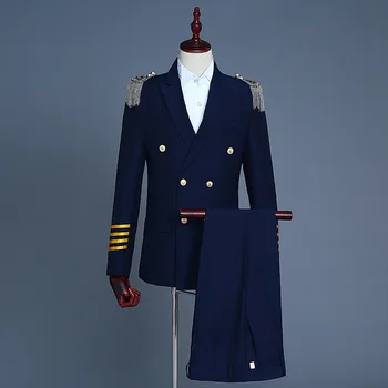 2022 Nové Obchodní muž Oblek Kapitána Dvojí Breasted Oblek Večer Vojenský Kostým Výkon Kostým Photo Studio Šaty Oblek