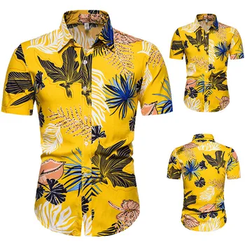 2022 Letní Žlutá Havajská Košile Pánská List Tisk Krátký Rukáv Bavlna Muži Ležérní Slim Fit Košile Košilku Homme camisa masculina