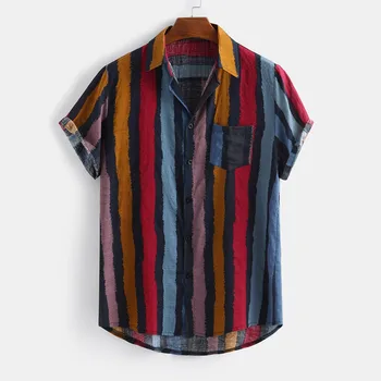 Košile pánská MÓDA Krátký Rukáv Multi Color Stripe Bavlněné Povlečení Ležérní Pánské Pytlovité Formální Topy Letní Košile Homme