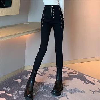 2022 Jaro Podzim Nové módní džíny Ženy Dvojí Breasted Dekorace vysokým Pasem, Černé Elastické Slim Ležérní Tužka Kalhoty 