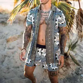 2021 Nové Módní Muži Sad Národního Stylu Havajské tisk Pánské Krátký Rukáv Set Příležitostné Letní Květinové Tričko Beach dvoudílný Oblek