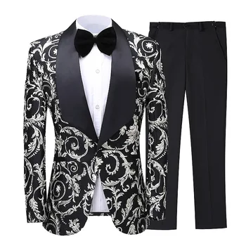2020 Pánské Tisk Slim Oblek Set Módní Design 2 Ks Ženicha Šaty Oblek na Zakázku Oblek Strany Vyšívaný Oblek Svatební Oblek