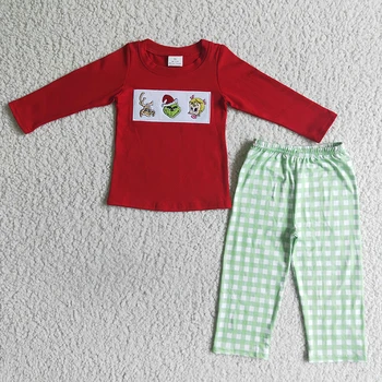 Děti Vánoční Chlapeček Noční Prádlo Oblečení, Výšivky Bavlna Červená Sada Kostkované Zelené Kalhoty Velkoobchod Dětské Oblečení, Kojenecké Pyžamo
