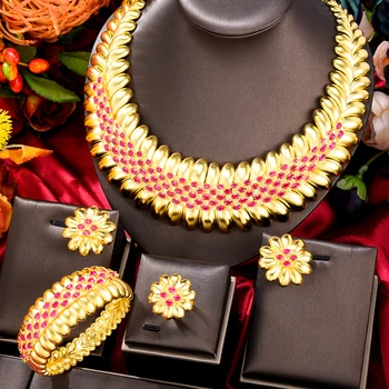 GODKI Nové Maple Leaf Flower Luxusní 4ks Africké Dubaj Šperky Set Pro Ženy Svatební Party Kubický Zirkon Indické Svatební Šperky Set