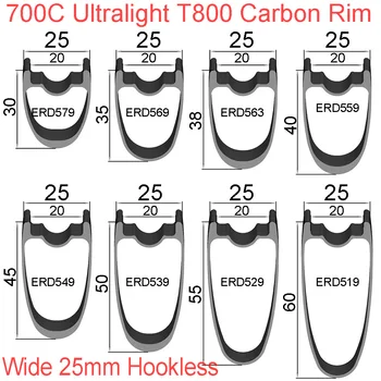 700C Šířka 25mm Hloubka 30 35 38 40 45 50 55 60 mm Symetrické Silniční Kolo Ráfek Hookless Super Light Carbon ráfky