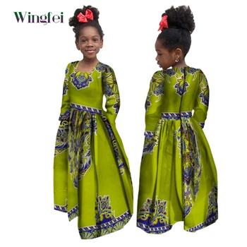 Africká Dívka Šaty Děti Dashiki Ankara Květinové Tisk Šaty Vosk Bavlna Dlouhý Rukáv Šaty Módní Africe Oblečení pro Dívku WYT61