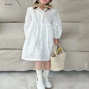 New Baby Girl Bavlněné Šaty Bílé Barvě Sladké Dlouhý Rukáv Princezna korejská Verze Pure Jaře a na Podzim Krajky Víla Šaty