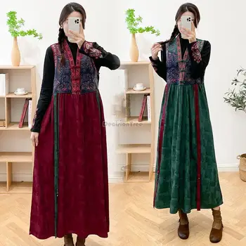 2023 čínské lepší vintage etnickém stylu vyšívané v-neck dlouhé volné šaty pro ženy, denní módní čínské národní šaty