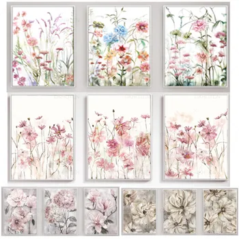 Akvarel Růžová Šedá Květinové Plakáty Wall Art Flower Plátno Obraz Nordic Obrázky pro Koupelny, Obývací Pokoj, Domov, Statek