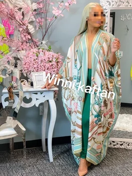 Kuvajt Populární 2021 Vytištěno Africké Ženy Hedvábí Tištěné Kimono Oblečení Tradiční Volný Velikost Letní Plážové Duster Kabát