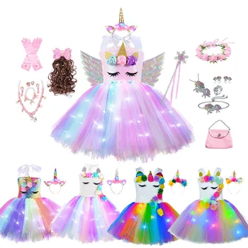 Holky Lesklé Unicorn Tutu Šaty Zářící Děti Jednorožec Šaty Pro Dívky svátek všech svatých Party Princezna Šaty Děti Oblečení vestidos