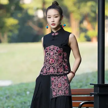 2022 výšivky qipao čínské tradiční tang oblek květinovou výšivkou vesta qipao orientální ženské hanfu bunda bez rukávů