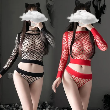 Červené Síťované Erotické Spodní Prádlo Spodní Prádlo Pružnost Vydlabat Sexy Kostýmy Mesh 2 Ks Ženy Černá Červená Exotické Sady Tělové Punčochy