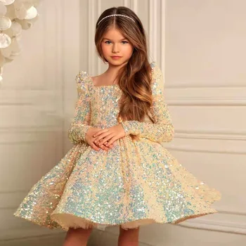 Zlaté Elegantní Šaty pro Dívky 1T-14T Dítě Svěží Princezna Dívka Party Šaty Luxusní Nadýchané Narozeniny Flitr Šaty pro Děti Dívky