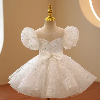 Bílé Flitr Nadýchané Šaty pro Batole Dívky 2 Do 12 Let Děti korejský Styl Luxusní plesové Šaty 2022 Formální Večerní Šaty Děti
