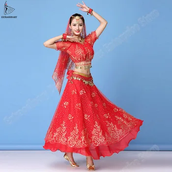 Bollywood Šaty Kostým Nastavit Ženy Indické Sari Dance Břišní Tanec Oblečení, Výkon Oblečení Šifon Top+Pásek+Sukně