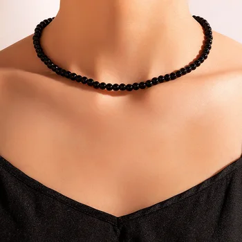 2022 Nové Trendy 4MM Black Akrylové Korálky Náhrdelník Náhrdelníky Pro Ženy, Stříbrná Barva jedné Vrstvy Klíční kost Chian Módní Šperky Dárek