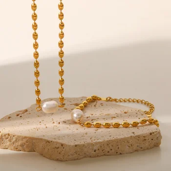 Minář Texturou Barokní Sladkovodní Pearl Přívěsek Náhrdelníky pro Ženy 18K Gold Plated z Nerezové Oceli Bean Korálky Obojek Náhrdelník