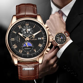 LIGE Velký Ciferník Kožený Armády Pánské Hodinky Luxusní Sportovní Vodotěsné Hodinky Muži Quartz Náramkové hodinky Montre Homme+Box