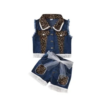 Dětské Oblečení jednobarevné Kovbojský Oblek Módní Nové Letní Dívky Nakupování Kovboj Vesta Leopard Tisk Krátké Oblek 1-6-Rok-Starý