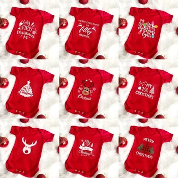 Novorozence První Vánoce Dětské Červené Bavlněné Romper Dítě Chlapci Dívky Unisex Dlouhý Rukáv Kombinézu Kombinéza Oblečení Batole Vánoční Dárek