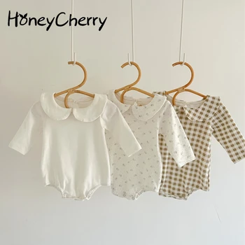 HoneyCherry Podzimní Dětské Kostkované Bílé Květinové Bavlny Klopě Dlouhý Rukáv Body, New Born Baby Girl Oblečení