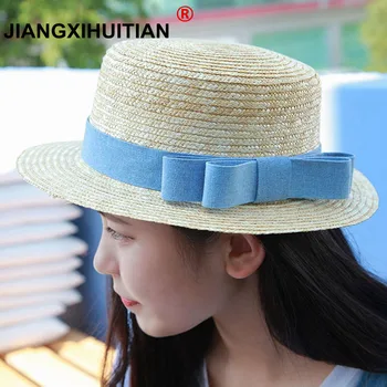 velkoobchodní slunce plochý slaměný klobouk slaměný klobouk, klobouk, dívky luk letní Klobouky Pro Ženy Beach plochou panama slaměný klobouk chapeau femme 48-52-54-58cm