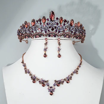 Vintage Barokní Černá Fialová Crystal Svatební Šperky Sady Gotické Drahokamu Čelenky Náhrdelník Náušnice Set Svatební Party Šperky