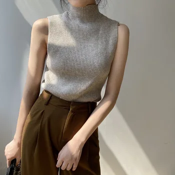 Korejský Bez Rukávů Pletené 2021 Streetwear Móda Podzim Nové Ženy Jednobarevné Pletené Vesty Vysoká Krk Příležitostné Topy Svetr Bílý