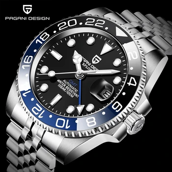 PAGANI DESIGN GMT Mechanické Hodinky Top Luxusní 100M Vodotěsné Muži hodinky z Nerezové Oceli Keramické Bezel Svítící Hodinky muži relogio