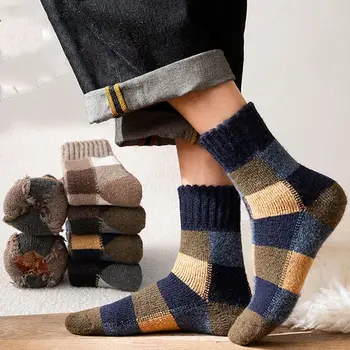 1pár Vintage Mřížky Vlněné Ponožky Muži Zimní Thicked Teplé Plyšové Ponožky Uprostřed Trubice Ponožky Ležérní Ručník Ponožky Muž Punčochy