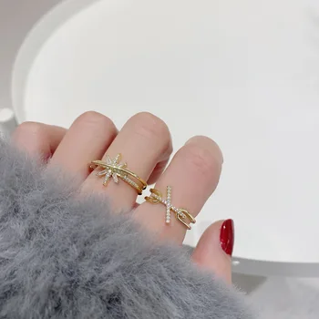 Korea Hot Prodej Módní Šperky Vynikající Mědí Vykládané Zirkony Star Prsten, Elegantní Dámské Cross Otevření Kroužku