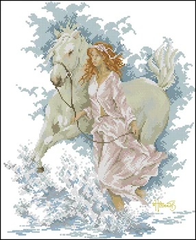 Amishop Kvalitní Krásné Počítají Cross Stitch Kit Bílý Kůň A Dívka, Dáma, Žena Přes Řeku Lanarte 33827