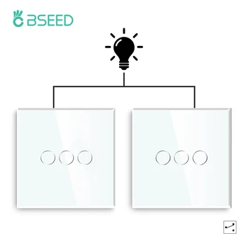 BSEED 3Gang Světlo Nástěnné Spínače 2Way Dotykové Spínače Skleněný Panel Projít Po Schodech Ložnici EU Standardní Modré Podsvícení 10A